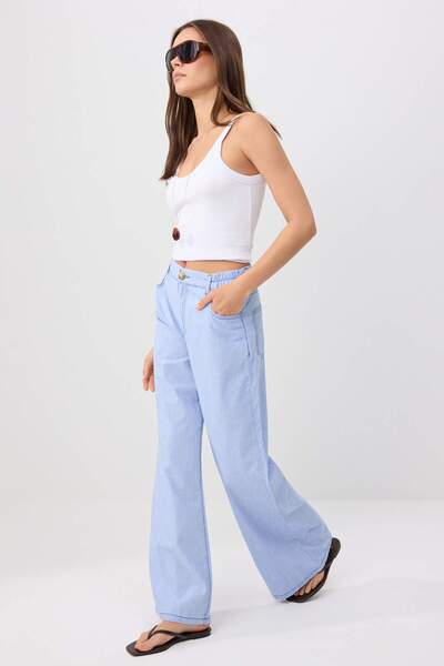 Trendyol Collection Light Blue Elastic Waist High Waist Wide Leg Jeans Twoss2...