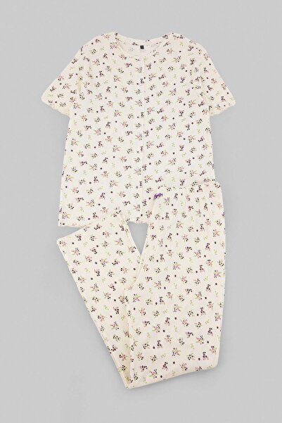 Trendyol Curve Ecru-Multicolor Floral Snap Fastener Pointel Large Size Pajama...