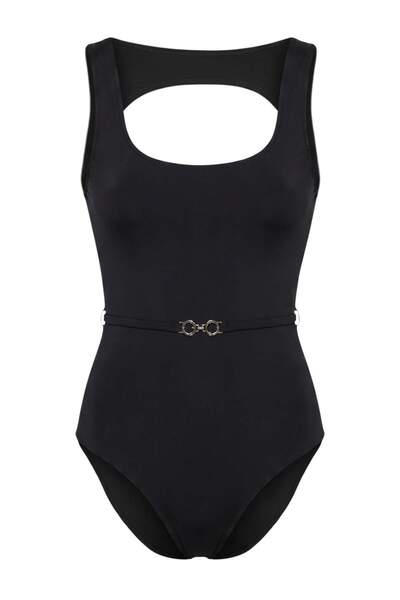Trendyol Collection Black Square Neck Covered Regular Swimsuit with Accessori...
