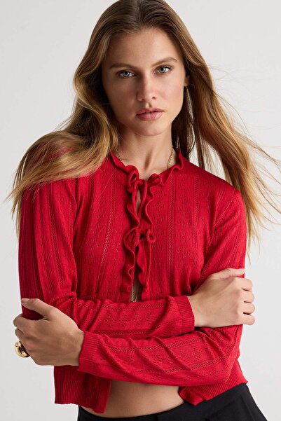Trendyol Collection Cardigan tricotat ajurat/perforat cu fir special roșu, cu...
