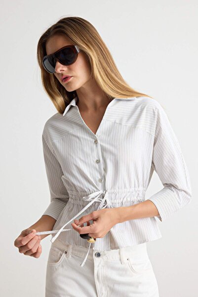 Trendyol Collection White-Multicolor Striped Cinched Waist Shirt Twoaw27Go00022