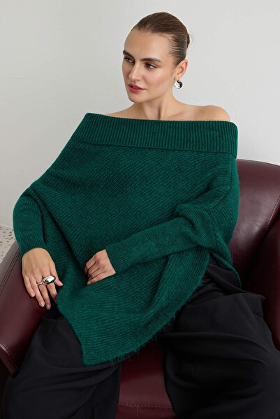 Trendyol Collection Pulover verde din tricotaj asimetric cu textură moale TWO...