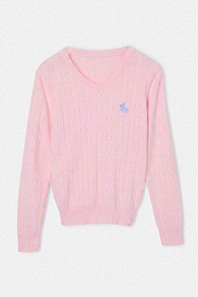 Trendyol Collection Pink Horse Embroidered V-Neck Hair Knitwear Sweater Twoaw...