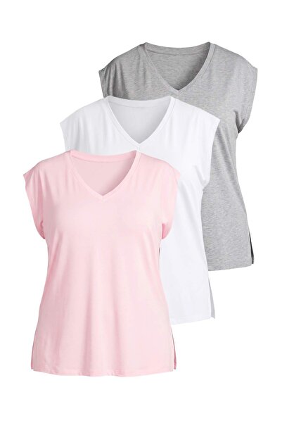 Trendyol Curve White- Grey- Pink 3-Pack Oversize Fit V-Neck Knitted Plus Size...