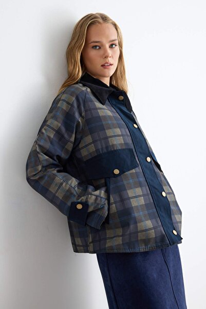 Trendyol Collection Navy Blue Plaid Regular Fit Coat Twoss26Mo00023