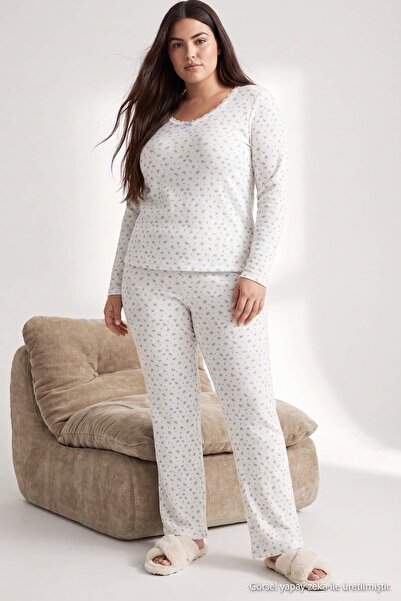 Trendyol Curve Weißes Pyjama-Set aus 100 % Baumwolle mit floraler Spitze und ...