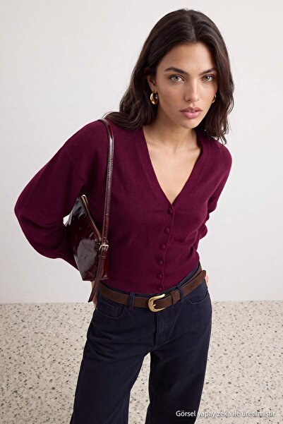 Trendyol Kollektion Burgunderfarbener Premium-Garn-/Spezialgarn-Strickcardiga...