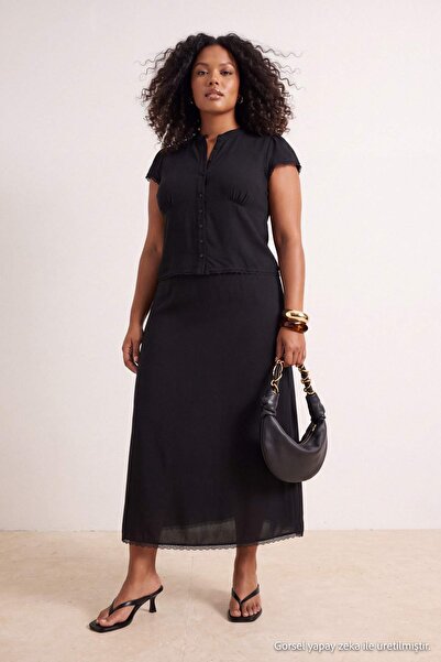 Trendyol Curve Black Slim Fit Shirt Midi Skirt Woven Plus Size Bottom - Top S...