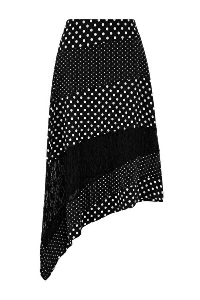 Trendyol Collection Black Polka Dot Asymmetrical Hem A-Line Lace Detailed Mid...