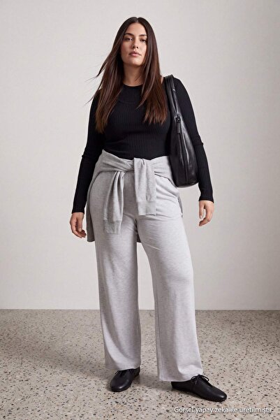 Trendyol Curve Gray Wide Leg/Spanish Leg High Waist Interlock Stretch Knit Pa...