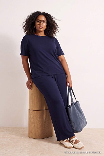 Trendyol Curve Navy Blue Soft/Draped Fabric Knitted Large Size Bottom - Top S...
