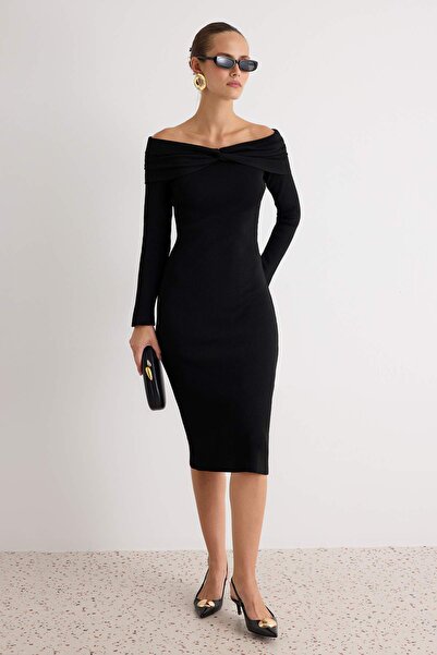 Trendyol Collection Black Carmen Collar Bodycone Ribbed Maxi Length Knitwear ...