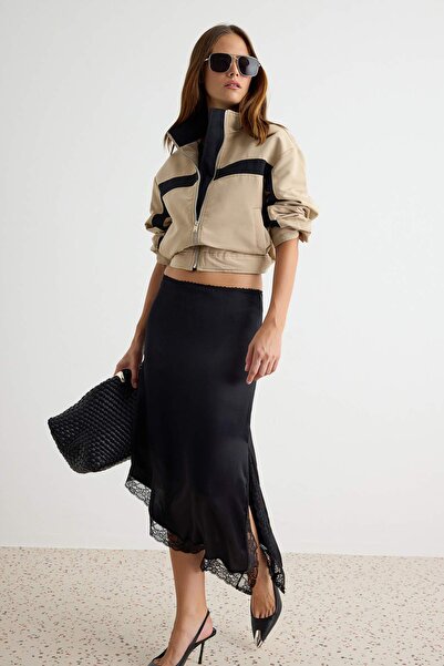 Trendyol Collection Black Lace Detailed Asymmetrical Satin Draped Skirt Twoaw...