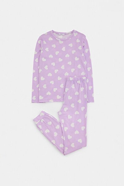 TRENDYOLKIDS Purple Soft Textured Cotton Heart Printed Regular Girls' Knitted...
