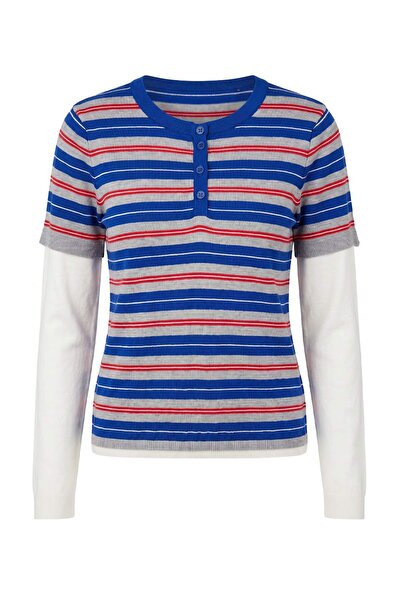 Trendyol Collection Ecru Double Sleeve Detailed Striped Knitwear Sweater Twoa...