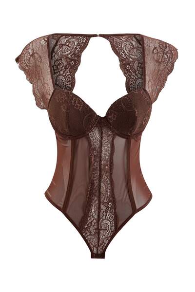 Trendyol Collection Brown Tulle Fitted Plain Bodysuit Thmss26Bd00008