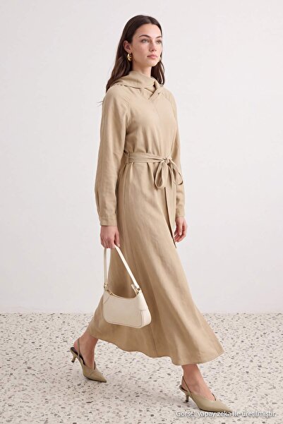 Trendyol Modest Camel Shawl Collar A-Line/A-Line Bell Form Maxi Woven Hijab D...