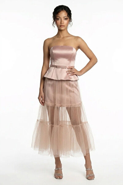 By Saygı Women's Strapless Skirt Tulle Top Satin Lined Dress with Belt