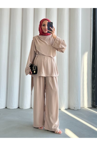 She Olive طقم علوي وسفلي للحجاب مع إكسسوارات على الكتف، مقاس 38/44، متناسق، ذ...