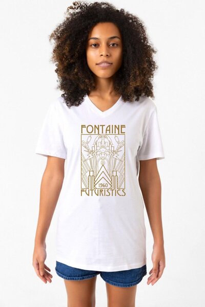 Tshirthane تيشيرت نسائي أبيض برقبة على شكل حرف V من Bioshock Fontaine Futuris...