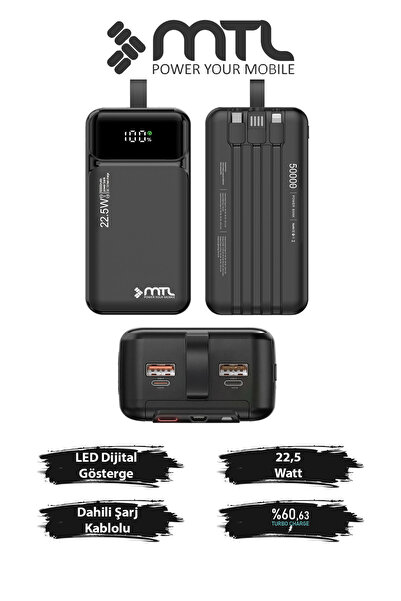 MTL 50000 mAh 22.5W Süper Hızlı Şarj Dahili Kablolu Dijital Led Göstergeli Po...
