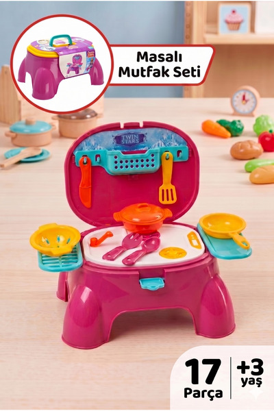 SHOP AND JOY 3 in 1 Play Desk Eğitici Oyuncak Mutfak Seti - Tabureli Taşınabi...
