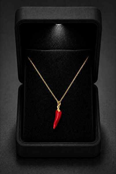 ÇEKİRDEK JEWELRY Işıklı Hediye Kutulu 925 Ayar Gümüş Kırmızı Biber Kolye Mine...