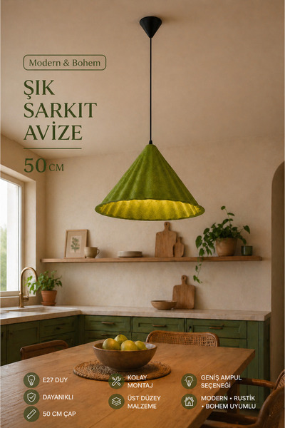 Elvora Home Modern (PREMİUM) Bohem Yeşil Sarkıt Avizesi 50 cm Mutfak Salon Ot...