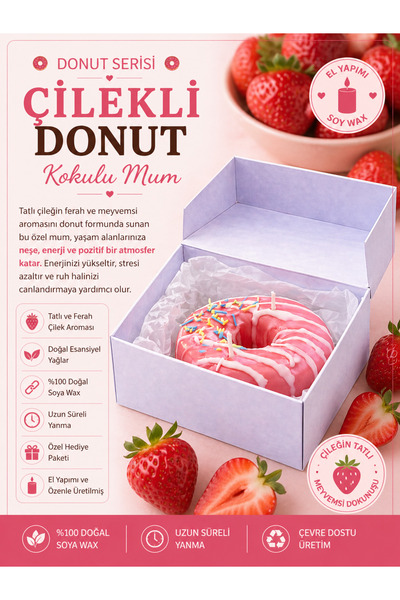 MELTORA Çilek Kokulu Donut Mum – El Yapımı Dekoratif Tatlı Tasarım, Kutulu He...