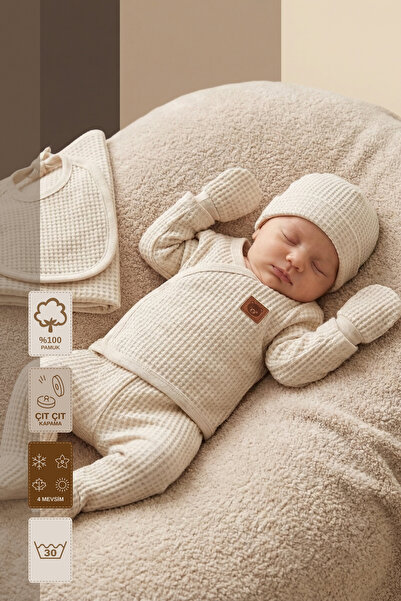 Minory Baby - %100 Pamuk 7'li Hastane Çıkışı Seti | Yenidoğan 7'li Set | Waff...