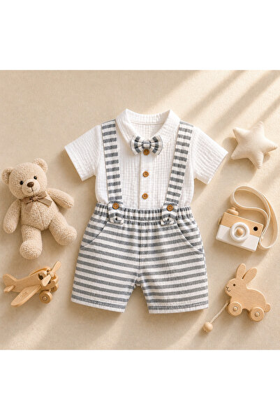 BYMURAT BABY Baby Set Salopet Men's Striped Bow Tie Shirted Overalls Red Gray