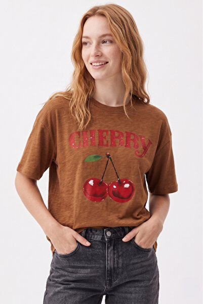 EFFRENATU Cherry Vintage Printed Oversize Cotton Women's T-Shirt – Relaxed Fi...