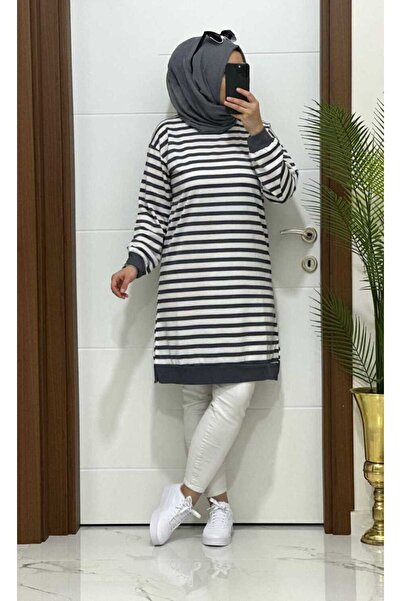 MODA ALMİRA 8770 K30 YENİ SEZON ÇİZGİLİ GRİ BÜYÜK BEDEN TUNİK