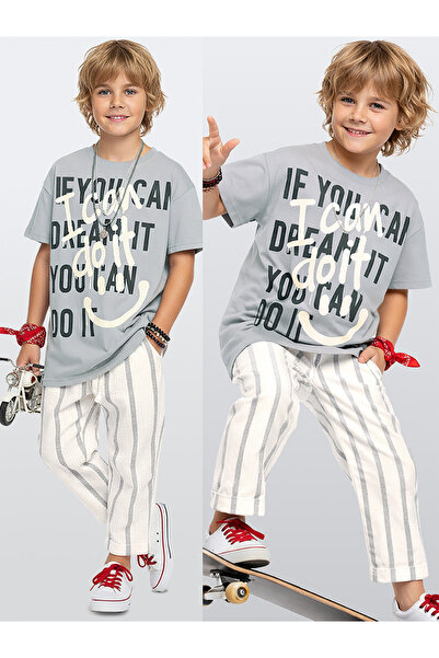 Denokids Boys' Graffiti Set %100 Cotton T-Shirt and Striped Linen-Look Summer...