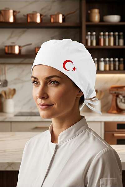 enmalife Kırmızı Ay Yıldızlı Beyaz Chef Bonesi | Özel Tasarım Aşçı Ve Şef Bonesi