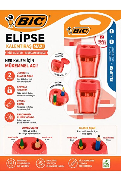 Kalemtraş Maxi Elips Kapaklı İkili Blister Mercan Kırmızı Jumbo ve Klasik açar