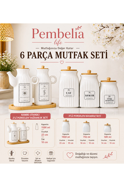 Kitchen Pembelia 6 Parça Bambu Standlı Porselen 1000ml Yağdanlık Ve 3'lu Çay ...