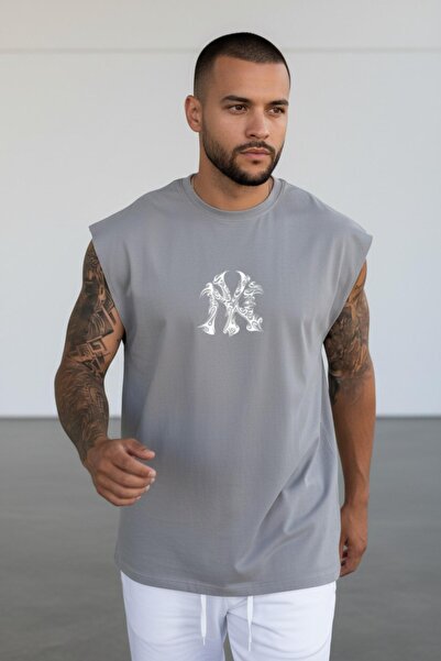 Altamira Erkek Duman Gri NY Baskılı Oversize Kolsuz T-shirt