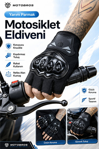 Motobros JK SİYAH Parmaksız Motosiklet Eldiveni Yazlık Yarım Motorcu Eldiveni...