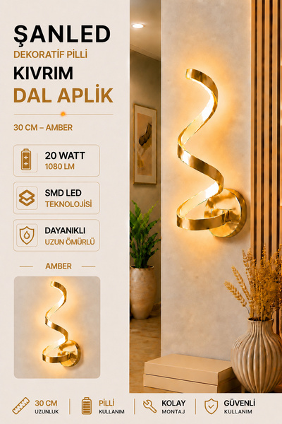 ŞANLED Dekoratif 20W Kıvrım Modeli İç Mekan Gold Kasa Amber Işık 30 cm Duvar ...