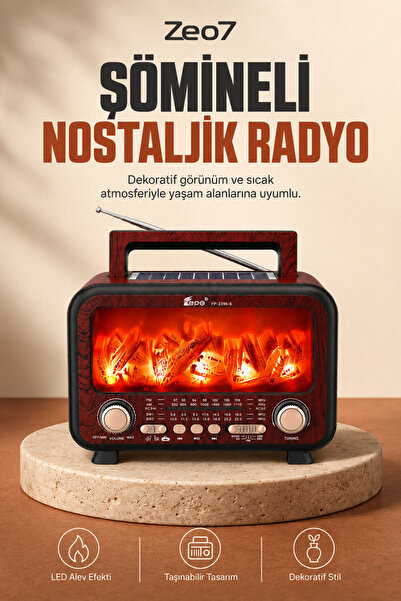 Zeo7 Şömineli Nostaljik Radyo, Güneş Enerjili, Bluetooth, USB, TF Kart, AUX v...