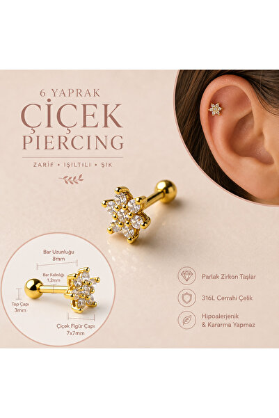 Heppii Cerrahi Çelik Çiçek Piercing Tragus Helix Conch Kıkırdak Lob Gold Renk