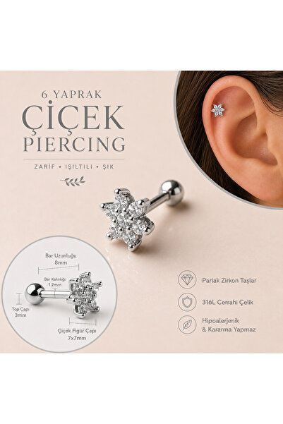 Heppii Cerrahi Çelik Çiçek Piercing Tragus Helix Conch Kıkırdak Lob Gümüş Renk