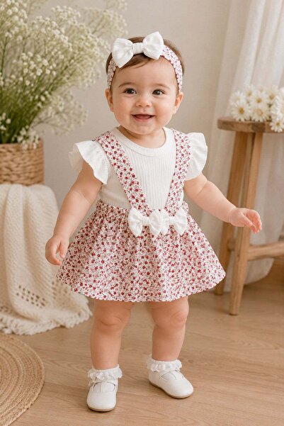 Baby Girl Floral Pattern Bandana 3pcs Set Short Sleeve Bottom Snap Bodysuit+Rib Dungaree Dress