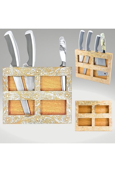 Souq DESIGNS Knife Holder for Wall – Wooden Knife Block 4 Slots | Hand-Carved Knife Stand Organizer Mango Wood | Kitchen Knife Storage Rack | Non Magnetic Knife Holder | Natural Whitewash 1 Pc
