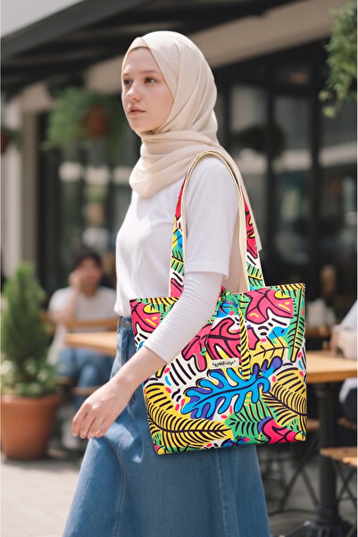 Ayza Stüdyo Canlı Renkli Yaprak Desenli Tropikal Kadın Plaj Omuz Çantası