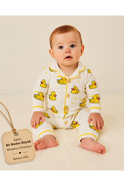 minilovebaby %100 Pamuk Unisex Sarı Ördek Desenli Düğmeli Alt Üst Bebek Pijam...