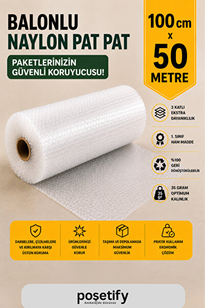 POŞETİFY 100 cm x 50 m Balonlu Naylon Patpat | 1. sınıf | 3 Katlı | 50 m2 | 3...