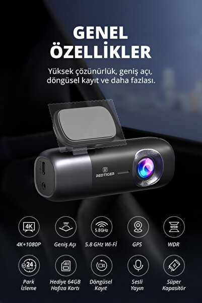 CONOCER Redtiger F9 UHD 4K Dash Araç İçi Kamerası + Arka Kamera 1080P Wi-Fi , GPS 64GB SD Kart Dahil