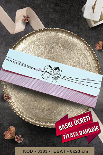 Cem Davetiye Gelin ve Damat Çizimli Pembe Düğün Davetiyesi 3383 (100 Adet) Ba...